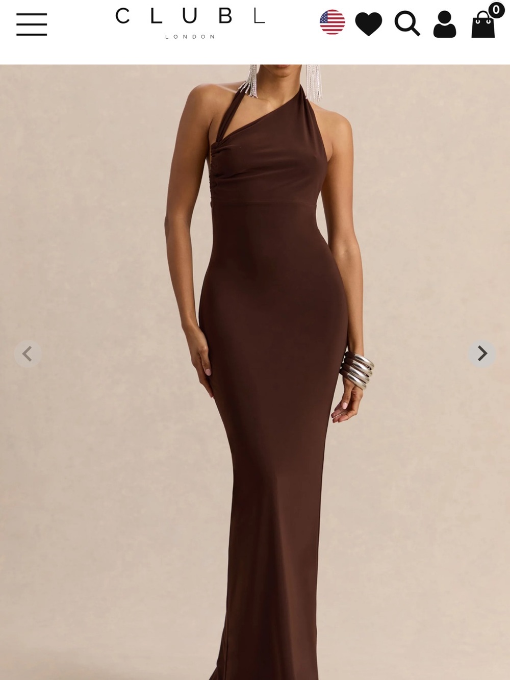 Club L London Chocolate Brown One-Shoulder Asymmetric Maxi Gown
